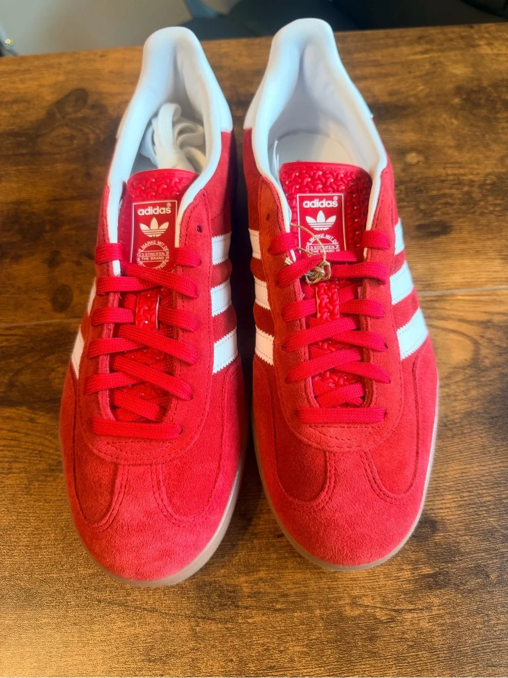 adidas Gazelle Red Suede Sneakers with White Stripes 10M